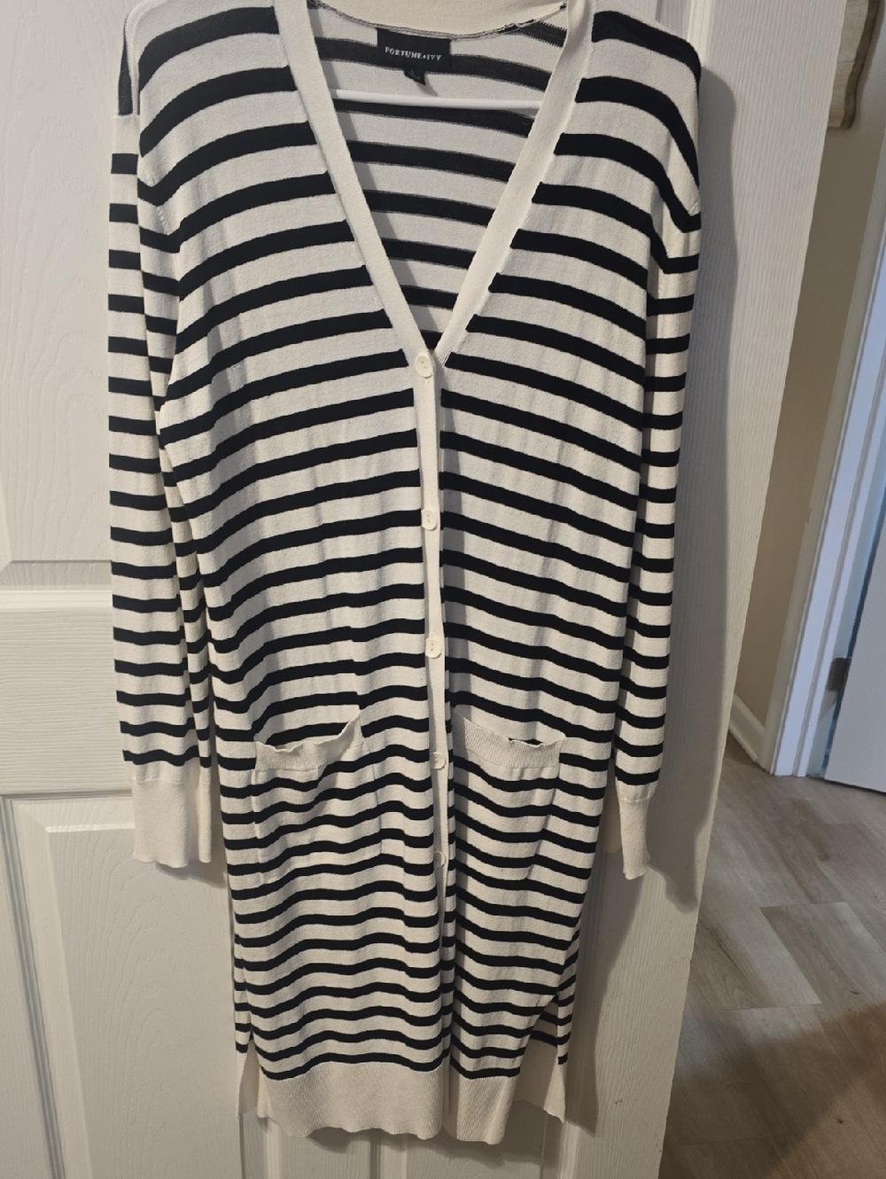 Fortune & Ivy Black and White Striped Button-Up Duster Cardigan
